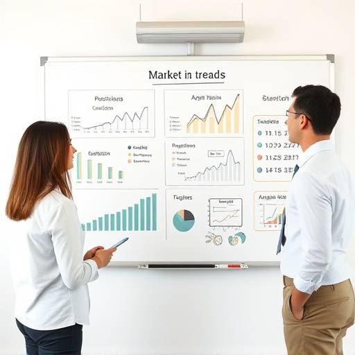 Business professionals analyzing market trends on a whiteboard