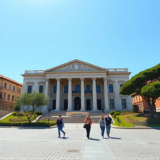 Campus building in Rome with students walking by