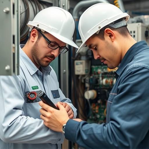 Electrical engineer examining a circuit board
