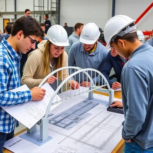 Engineering students designing a bridge structure