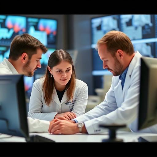 Researchers collaborating in the Data Visualization Lab, analyzing graphical data representations on large screens
