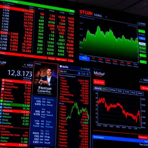 Stock market data displayed on multiple computer screens