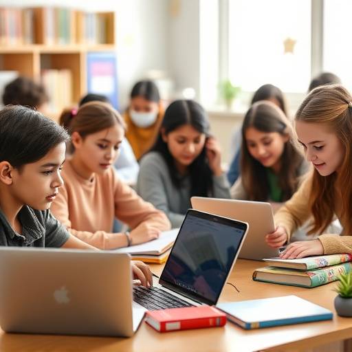 Students collaborating on a project with laptops and books in a bright classroom