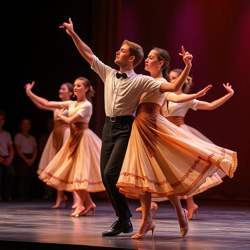 Students performing a classical dance routine on stage