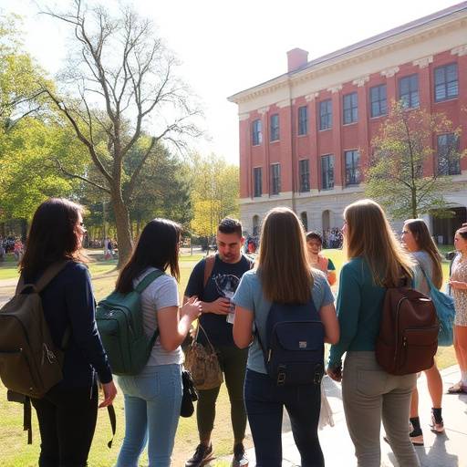 Students socializing on campus during a sunny afternoon