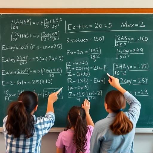 Students solving complex equations on a chalkboard