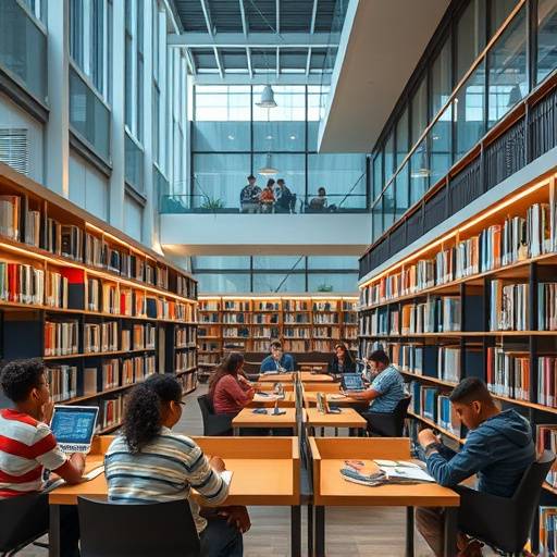 Students studying in a modern library setting