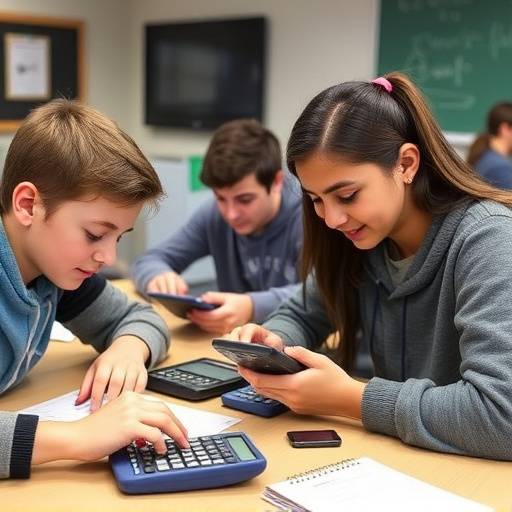 Students using graphing calculators in a math classroom
