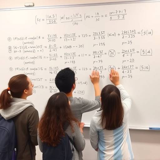 Students working on mathematical equations on a whiteboard